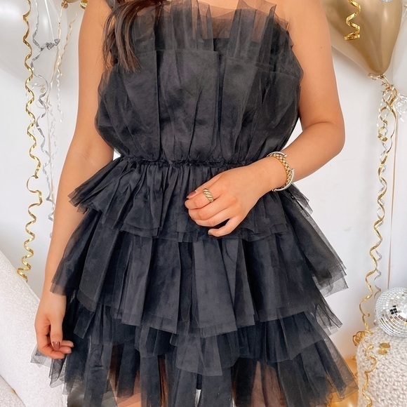 Mable Organza Tube Ruffle Mini Dress Black Women's Size S - Picture 5 of 16